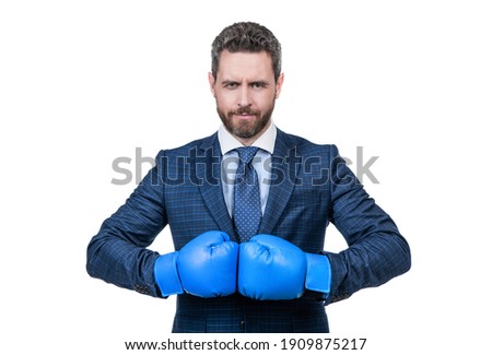 Ill knock you out. Serious boss wear boxing gloves. Boxing competition. Business rivalry. Competitive practice. Facing challenge.