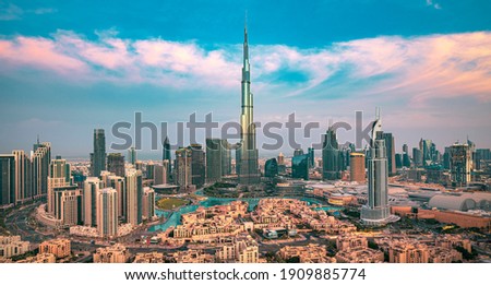 Dubai - amazing city center skyline with luxury skyscrapers at sunrise, United Arab Emirates Royalty-Free Stock Photo #1909885774