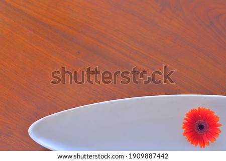 Gerbera. 
float a flower on the water. 
Top view photo of White plate on walnut table .

This expensive antique furniture is made in England. 
texture background with copy space. 