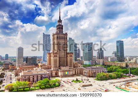 Warsaw, Poland. Aerial view Palace of Culture and Science and downtown business skyscrapers, city center. Royalty-Free Stock Photo #190990370