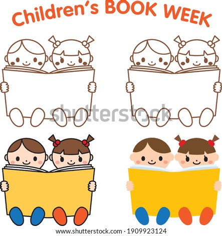 A set of icons of children reading a book