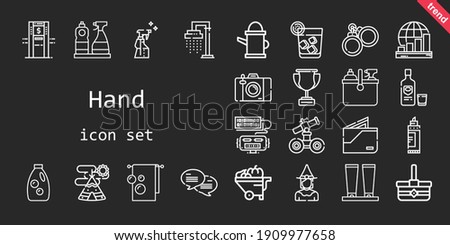 hand icon set. line icon style. hand related icons such as cleaning, basket, wheelbarrow, shower, profits, wallet, spray, handcuffs, cream, photo camera, robot, detergent, vodka, towel, marker