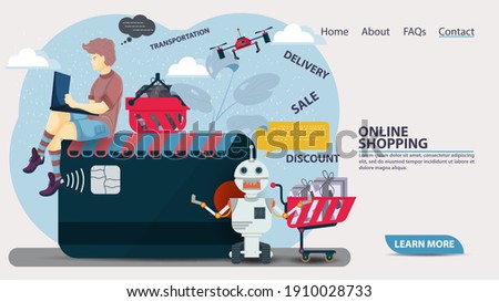 flat vector illustration for web page design and mobile applications, banner, A guy with a laptop sitting on a credit card makes online purchases in an online store
