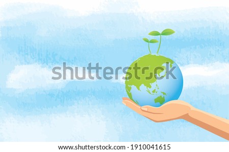 Image illustration of hand and sky holding the earth with sprout
