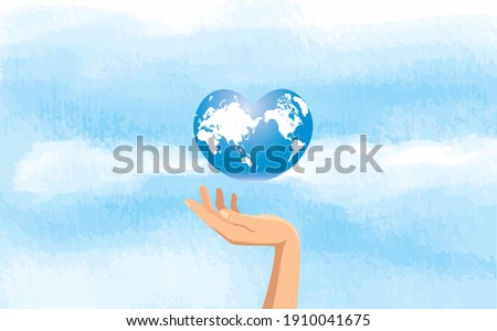 Image illustration of hand and sky with heart-shaped earth