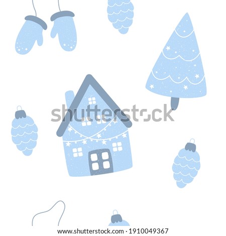 Seamless pattern with houses and Christmas trees. Vector illustration