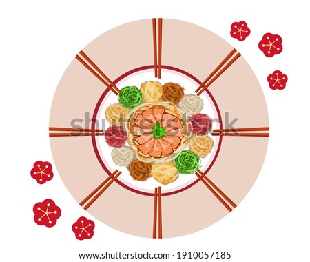 Yu Sheng, prosperity fish raw salad with chopsticks on a table top view. Isolated close up Yu Sheng vector illustration.