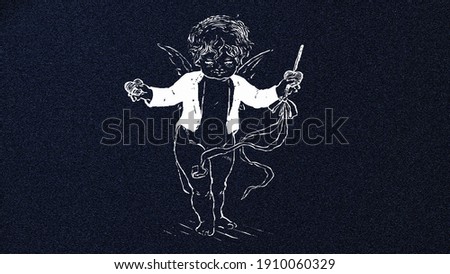 Pensive angel. Art angel silhouette  holding the stick with magical ribbon. Interior design illustration for wall painting.