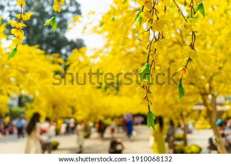 Decorative plastic yellow apricot flowers in Tet holiday in Vietnam. People wear Vietnam tradition ao dai to take pictures in blurred background. Background and festival concept. Selective focus. 
