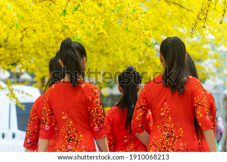 Vietnamese lunar new year. Women wear Vietnam tradition ao dai to take pictures on street with yellow flower apricot in Tet holidays.