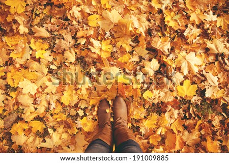 Conceptual image of legs in boots on the autumn leaves. Feet shoes walking in nature Royalty-Free Stock Photo #191009885