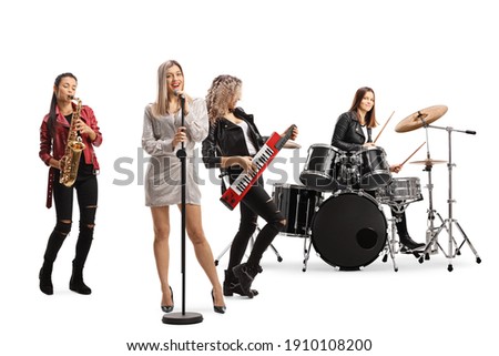 Female rock band with a drummer, sax player, keytar player and a front singer isolated on white background