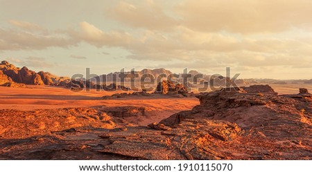 Red Mars like landscape in Wadi Rum desert, Jordan, this location was used as set for many science fiction movies Royalty-Free Stock Photo #1910115070