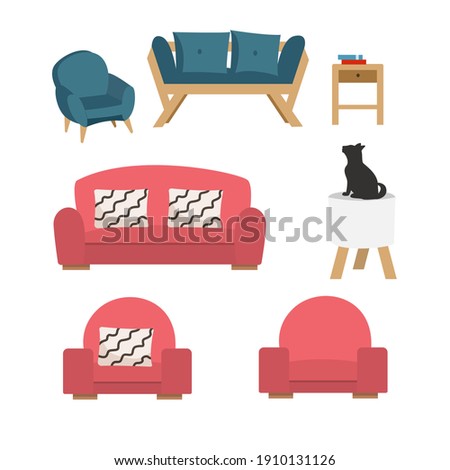 A set of upholstered furniture - sofas, armchairs with pillows, a bedside table. Isolated vector elements for the interior.