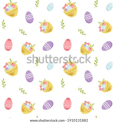
Seamless pattern with Easter eggs and a basket. Multicolored hand-drawn vector illustration. Endless texture for Easter design