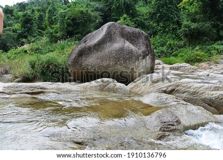 Mountain stream and stone boulder in the jungle background