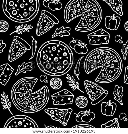 Vector seamless pattern  with  pizza in doodle style. Hand drawn food. Icon, symbol, logo. cook.