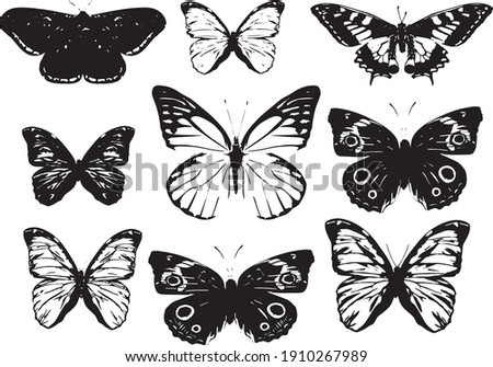 Set of black and white vector butterflies