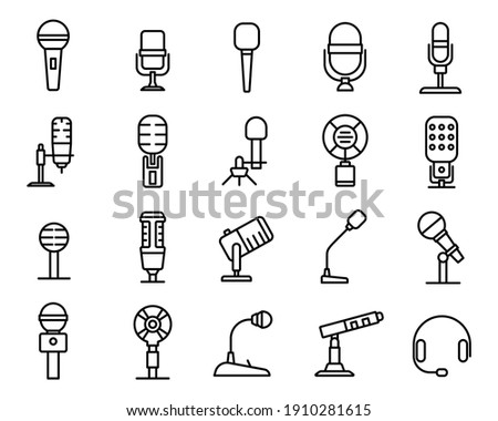 Microphone linear icons set. Equipment for podcasts, concerts, and speakers. Simple design for websites and mobile apps. Vector illustration isolated on a white background.