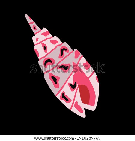 
vector isolated sticker - conch shell cone shape. Clam on the seashore. Find on the beach. Hand drawn style - pink, black color. Marine life. Clip art on black background