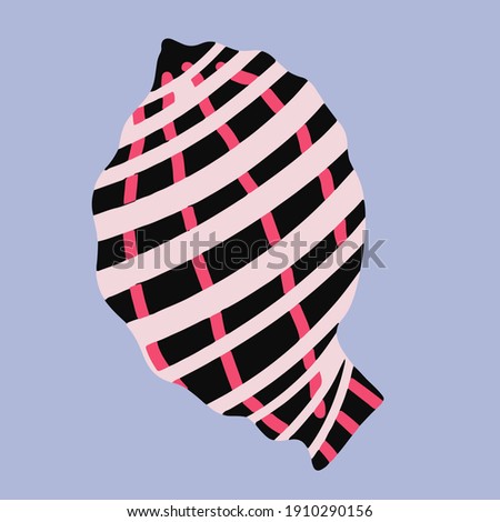 vector isolated sticker - conch shell cone shape. Clam on the seashore. Find on the beach. Hand drawn style - pink, black color. Marine life. Clip art on background