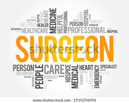 Surgeon is a medical doctor who performs surgery, word cloud concept background