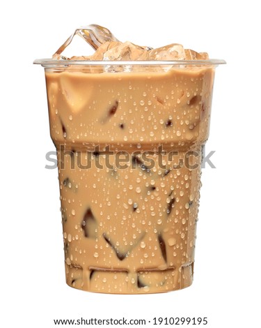 Iced coffee in plastic disposable togo cup or coffee latte in take away or to go cup isolated on white background including clipping path Royalty-Free Stock Photo #1910299195