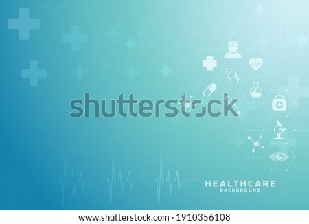 Abstract geometric medical background with flat icons and symbols. Template design with concept and idea for healthcare 
technology, innovation medicine, healthcare, science. Vector illustration. Royalty-Free Stock Photo #1910356108