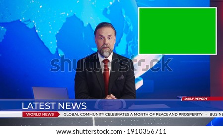 Live News Studio with Handsome Male Newscaster Reporting on a Story, Uses Green Chroma Key Screen Placeholder Copy Space. Television Newsroom Channel with Professional Presenter, Anchor Talking