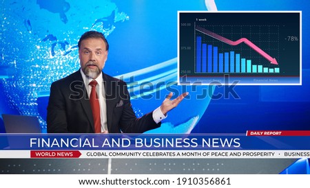 Live News Studio with Professional Anchor doing Financial and Business Report, Showing Stock Market Crash and Crisis Chart. Television Channel Newsroom with Newscaster Talking Royalty-Free Stock Photo #1910356861