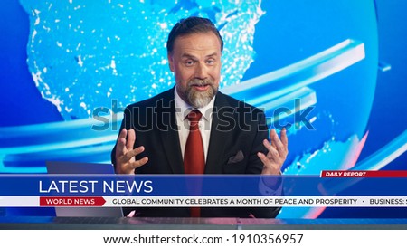 Live News Studio with Professional Male Anchor Reporting on the Events of the Day. Broadcasting Channel with Presenter, Newscaster Talking in Mock-up TV Newsroom Set. News Ticker