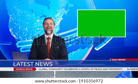 Live News Studio with Handsome Male Anchor Reporting on a Story, Uses Green Chroma Key Screen Placeholder Copy Space.Television Newsroom Channel with Professional Presenter