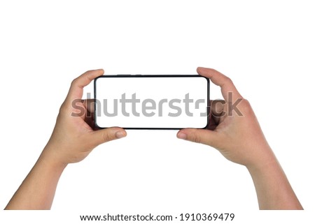 The hand is holding the white screen smartphone, with the white background and the clipping path.
