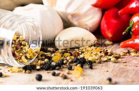 Red Hot chili peppers with garlic and mixed spices on the wooden background 