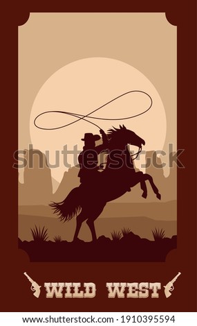 wild west lettering in poster with cowboy riding horse while lassoing vector illustration design