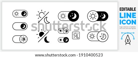 Editable line icon set in a black stroke weight in outline and a filled shape used to select darkmode or night brightness in the settings of a smart mobile device with a moon and a sun in eps vector Royalty-Free Stock Photo #1910400523