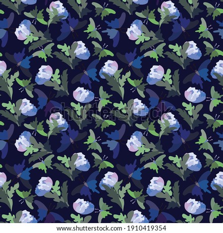 Seamless pattern with floral motif. Vector peonies, butterflies, floral ornaments on a blue background.