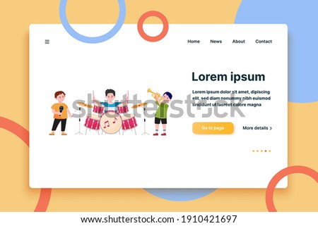 Cartoon children band flat vector illustration. Cute young artists, singers or musicians singing song and playing musical instruments. Party, music and performance concept
