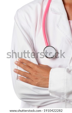 Female doctor with pink stethoscope and lab coat over a white background.