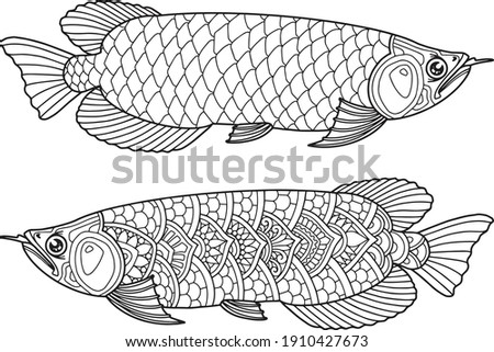 Arowana fish coloring page design clear background, mandalas design, and print design