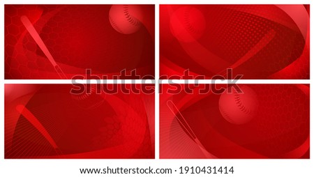 Set of four backgrounds with baseball bat and ball in red colors