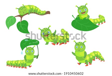 Cartoon funny caterpillar set. Happy cute little green bug worm eating leaf, walking, sleeping isolated on white background. Vector illustration for nature, wildlife, comics for children concept