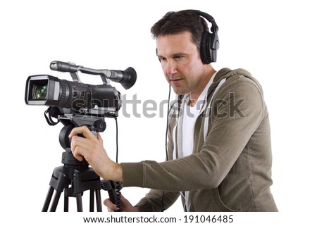 video camera operator with tripod on white background
