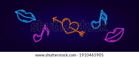 3d neon signboard. Neon design elements are Lips, Notes, and an Arrow heart. Modern trendy style. Bright icons for banners, emblems, and postcards. Valentine's Day.
