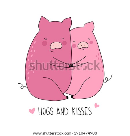 Cute lovesick pigs. Couple of pigs embrace isolated on white background. Vector cards in flat style.  Valentine greetings cards. Good for posters, t shirts, postcards.
