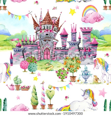 Castle of princess. unicorn seamless pattern. fairy tale kingdom watercolor illustration