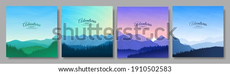 Vector illustration. A set of mountain landscapes in a flat style. Natural wallpapers. Geometric minimalist, polygonal concept. Sunrise, misty terrain with slopes, mountains near the forest. Clear sky Royalty-Free Stock Photo #1910502583