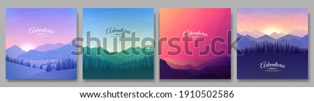 Vector illustration. A set of mountain landscapes. Geometric minimalist flat style. Sunrise, misty terrain with slopes, mountains near the forest. Design for banner, blog post, social media template Royalty-Free Stock Photo #1910502586
