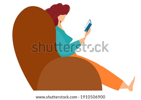 A fat girl sits in an easy chair and reads a book. Isolated on white. What to do at home during isolation. Home education.