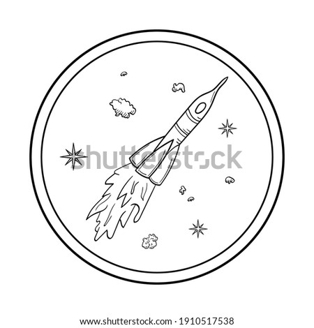Rocket, stars and asteroids from a porthole. Space object in the doodle style of the. Vector illustration isolated on a white background.